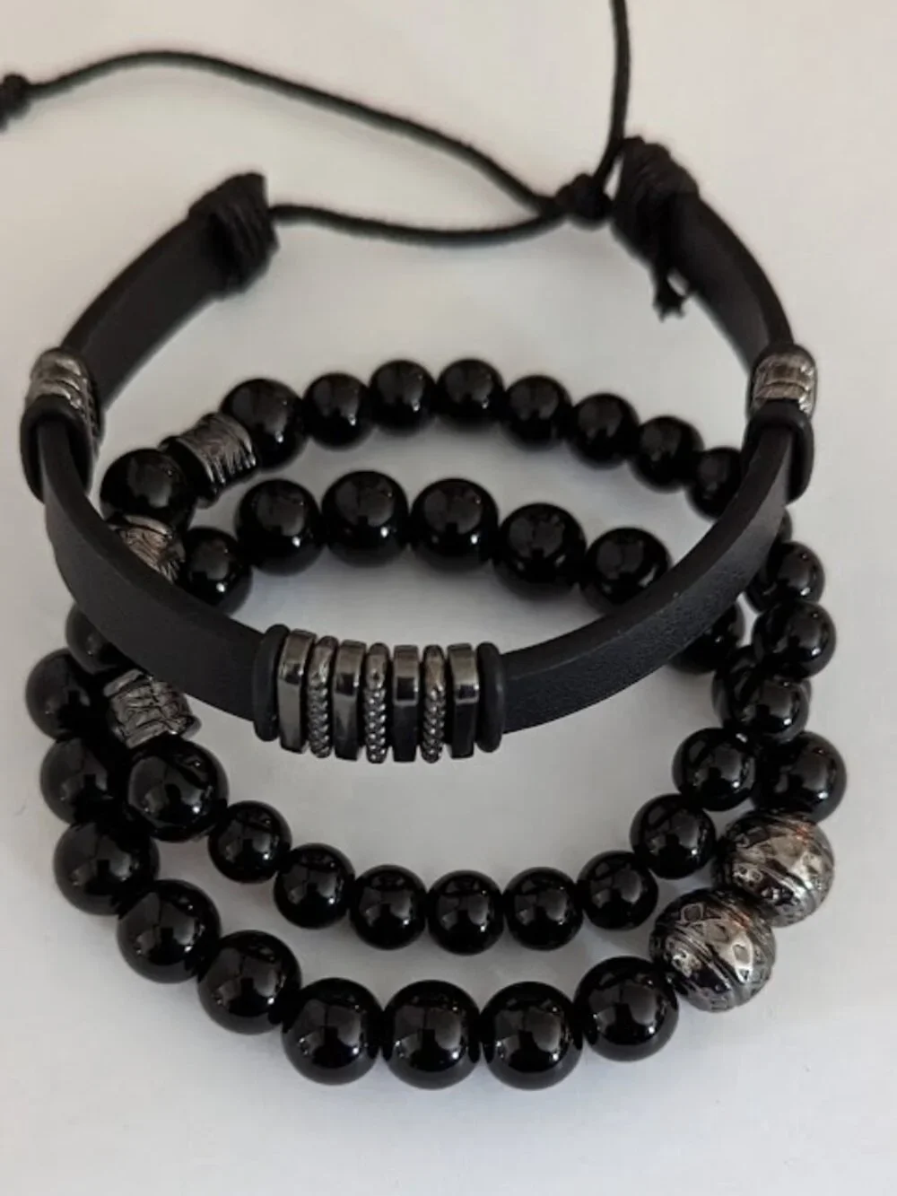 Black Leather Men Women Beaded Cuff Wristband Bracelet 3pcs Set
